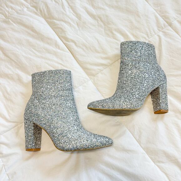 SHEIN Silver Glitter Ankle Booties Women’s Size 8 Block Heel Pointed Toe - Picture 1 of 6